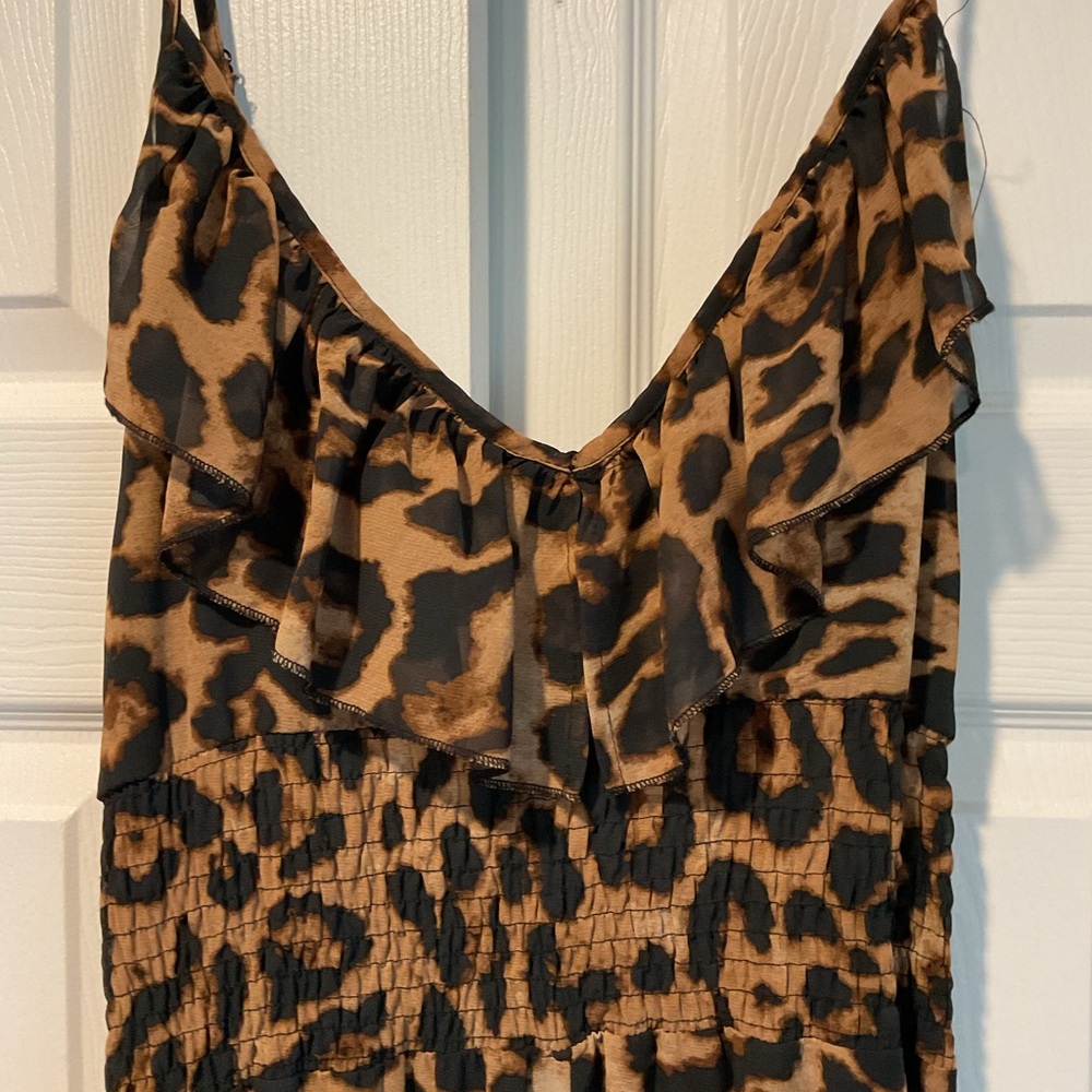Love Haight Ruffle Leopard Print Brown Maxi Slip Dress High Low Summer sz L - Picture 4 of 8